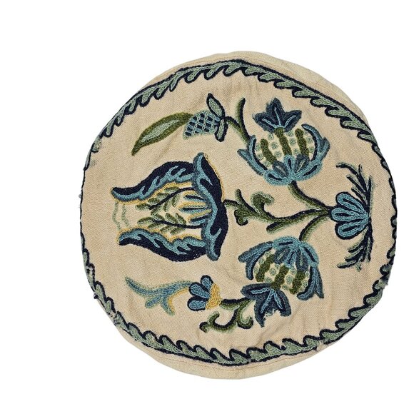 Vintage Handmade Crewel Embroidery Round Pillow Cover 12" Blue Thistle Design - Picture 10 of 14